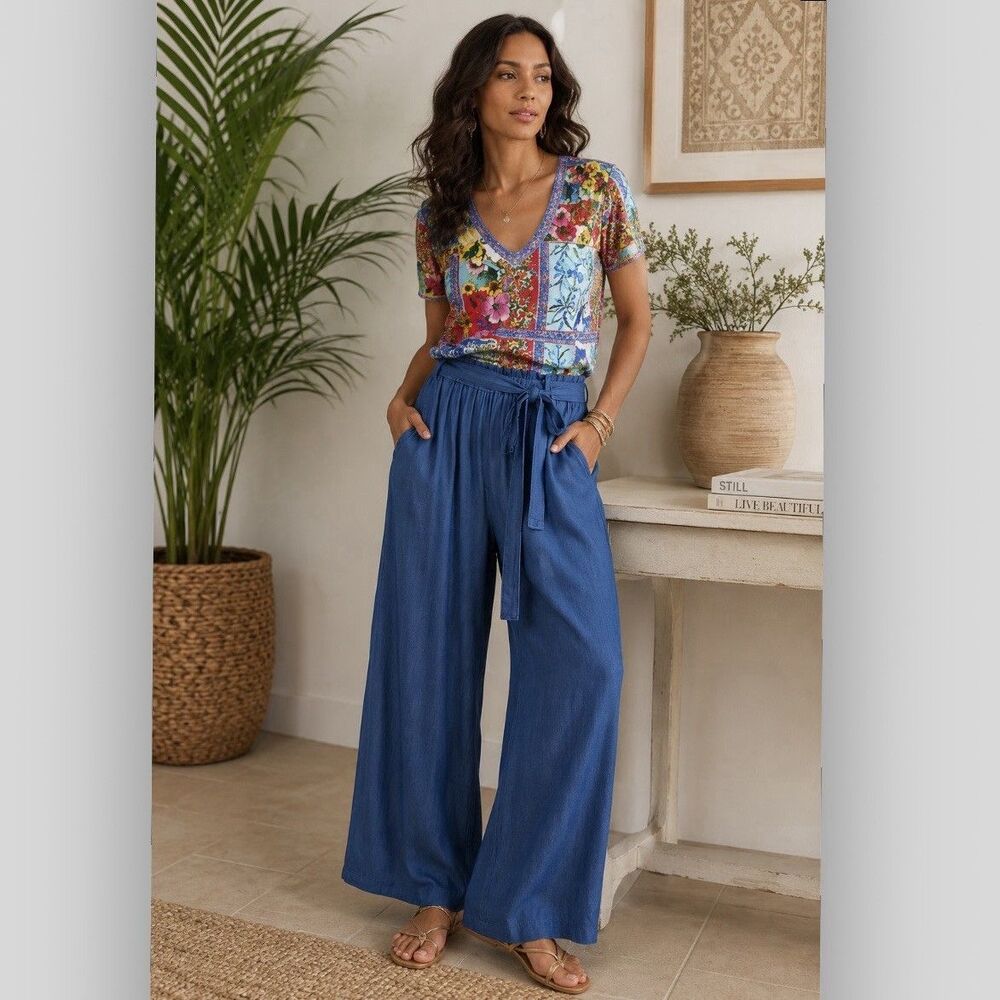 Johnny Was Paperbag Wide Leg Pants Women’s L Blue Tencel Tie Waist NWT